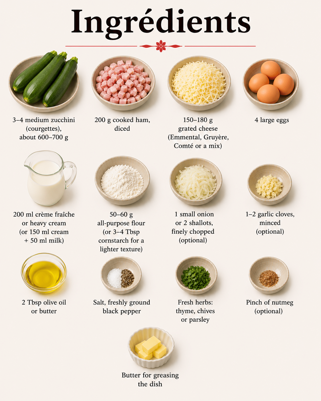 La Liste des Ingrédients : Flan Moelleux aux Courgettes, Jambon et Fromage