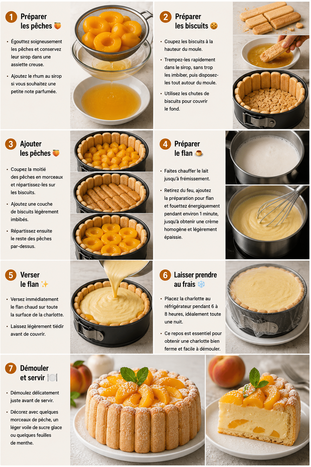 Le Guide de Préparation : Charlotte Fondante aux Pêches et Flan Vanillé : le dessert frais