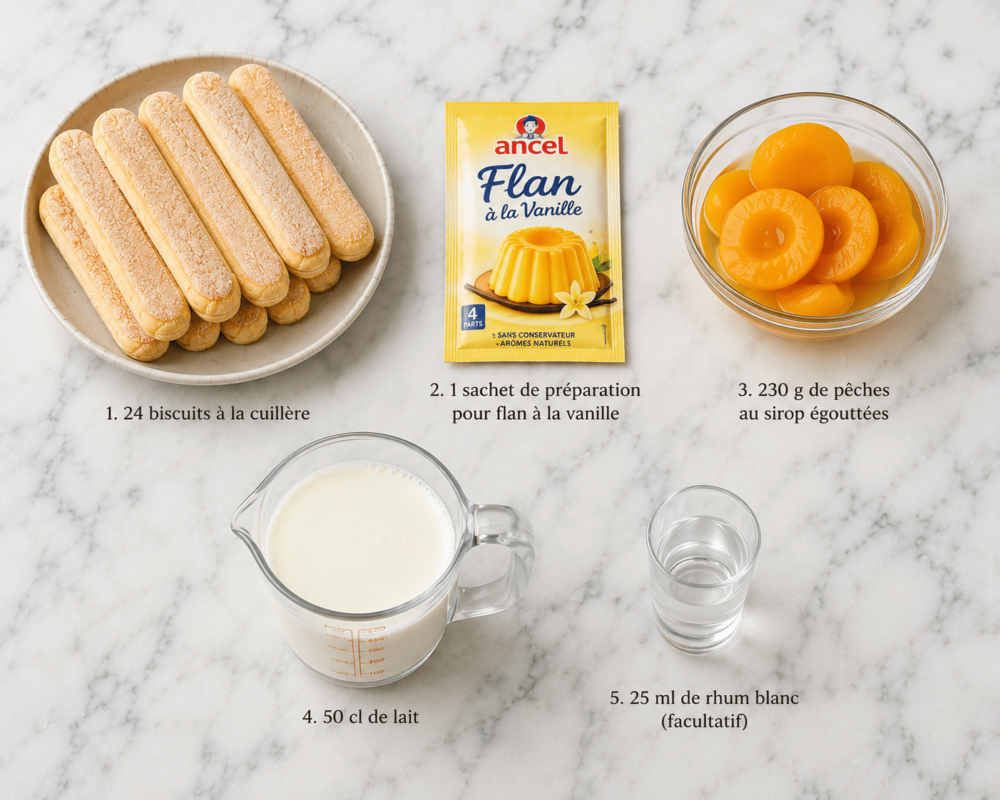 La Liste des Ingrédients : Charlotte Fondante aux Pêches et Flan Vanillé : le dessert frais, élégant et ultra facile