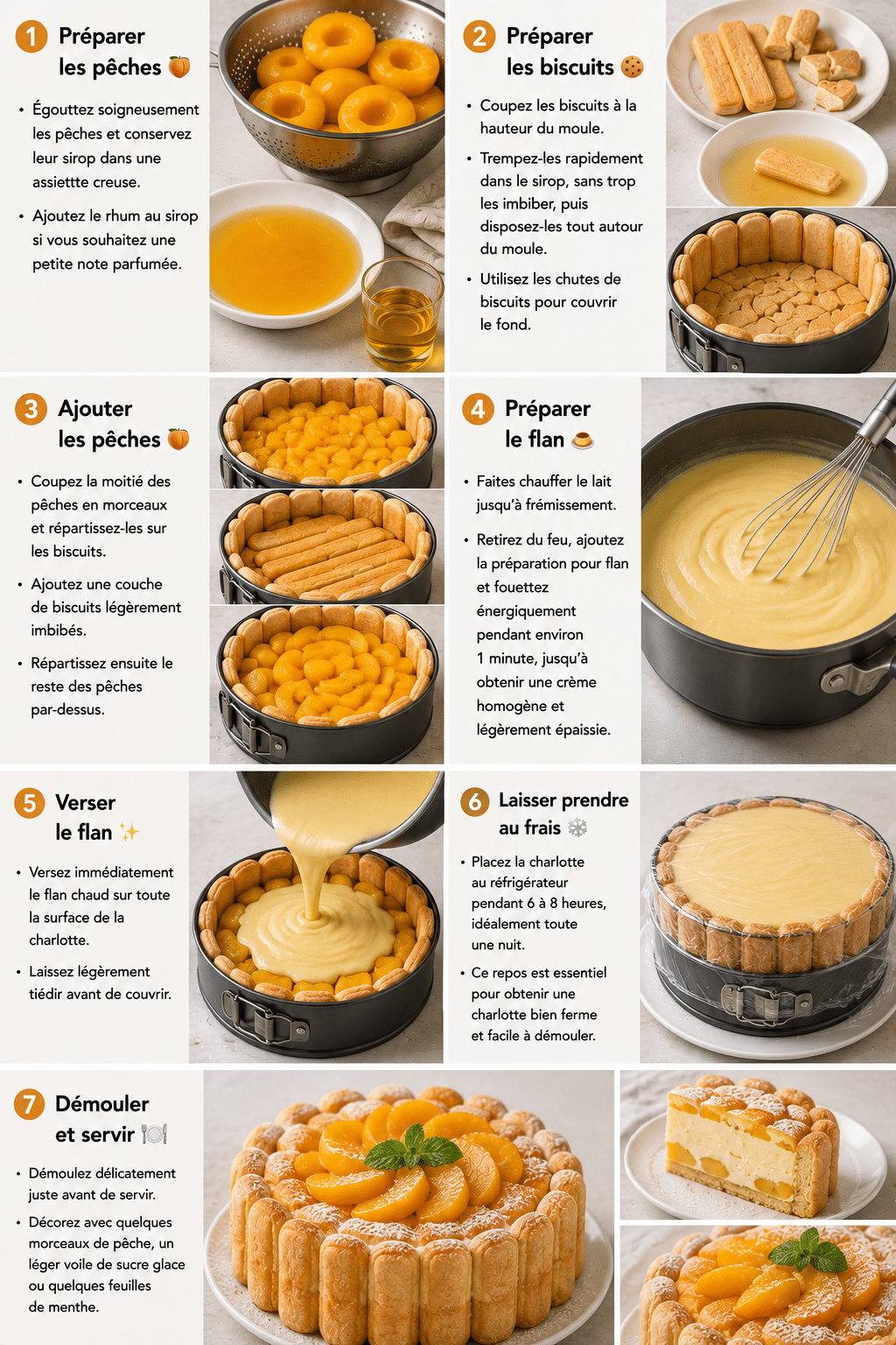 Le Guide de Préparation : Charlotte Fondante aux Pêches et Flan Vanillé : le dessert frais, élégant et ultra facile
