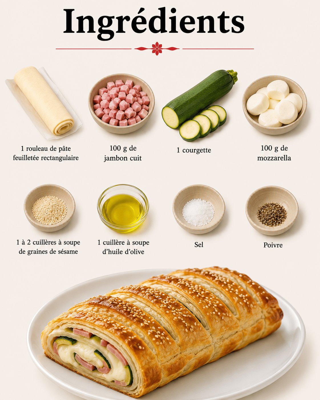 La Liste des Ingrédients : Feuilleté de Courgettes à la Mozzarella et au Jambon : croustillant, fondant et ultra savoureux