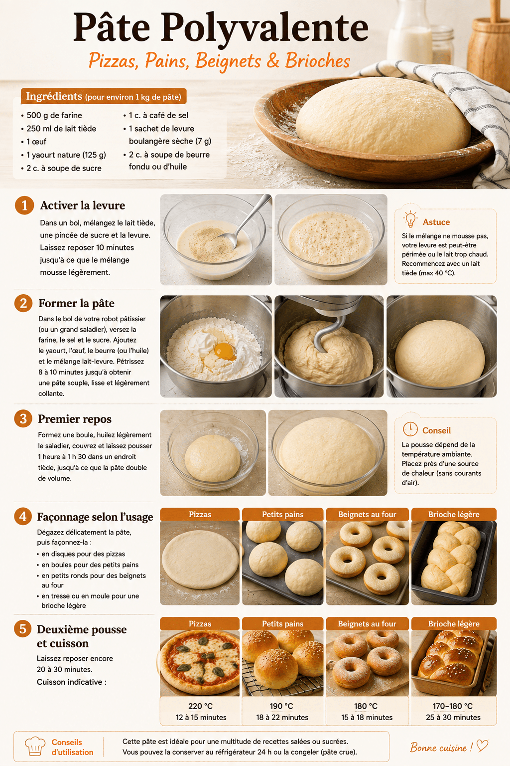 Le Guide de Préparation : Pâte Magique Légère : une seule pâte pour pizzas, petits pains, beignets et brioche