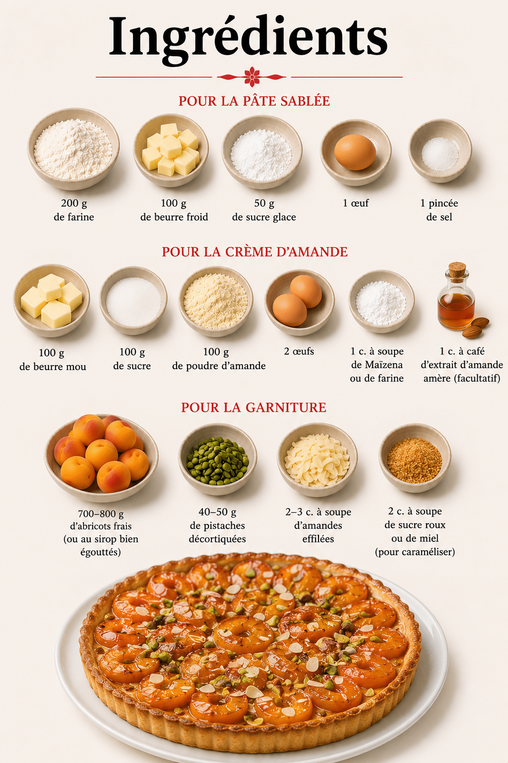 La Liste des Ingrédients : Tarte aux Abricots, Amandes et Pistaches : le dessert estival croustillant et fondant