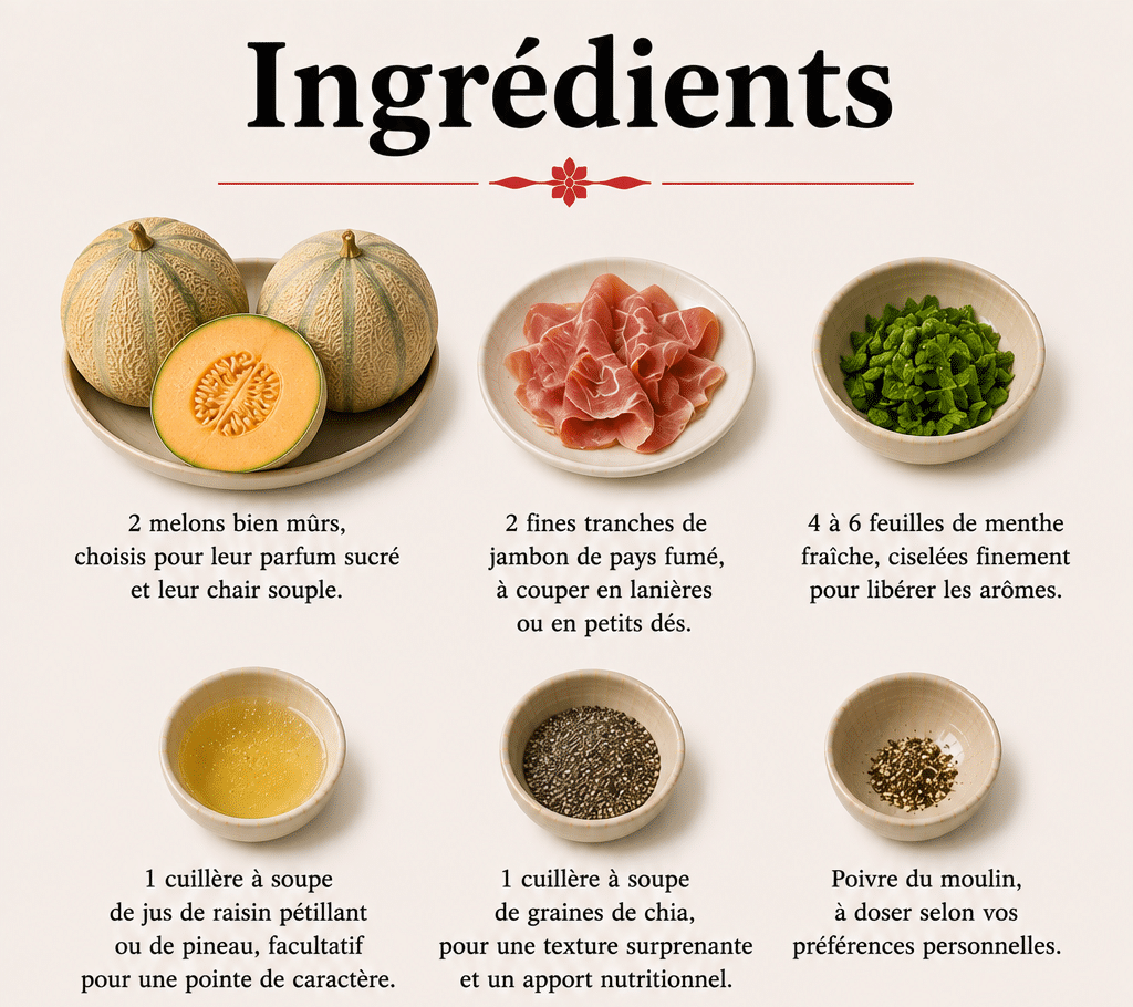 La Liste des Ingrédients : Soupe Froide au Melon, Jambon Fumé et Menthe : la fraîcheur élégante de l’été