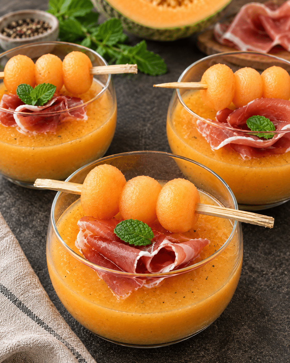 Soupe Froide au Melon, Jambon Fumé et Menthe