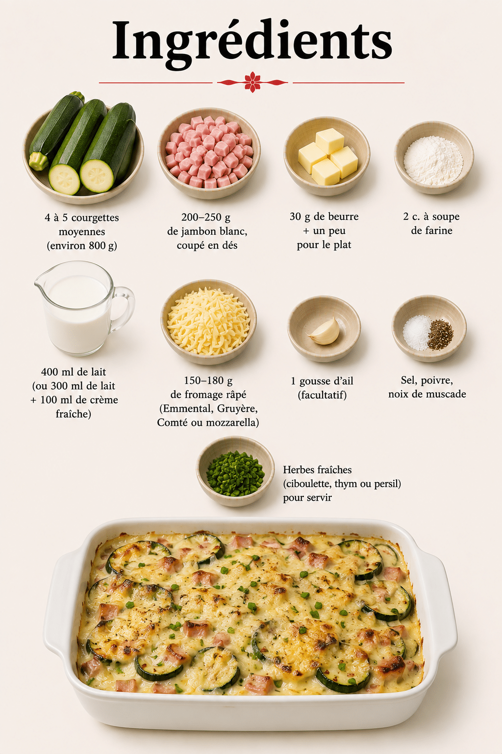 La Liste des Ingrédients : Gratin de Courgettes au Jambon et à la Crème : le plat ultra-fondant et gratiné de l’été