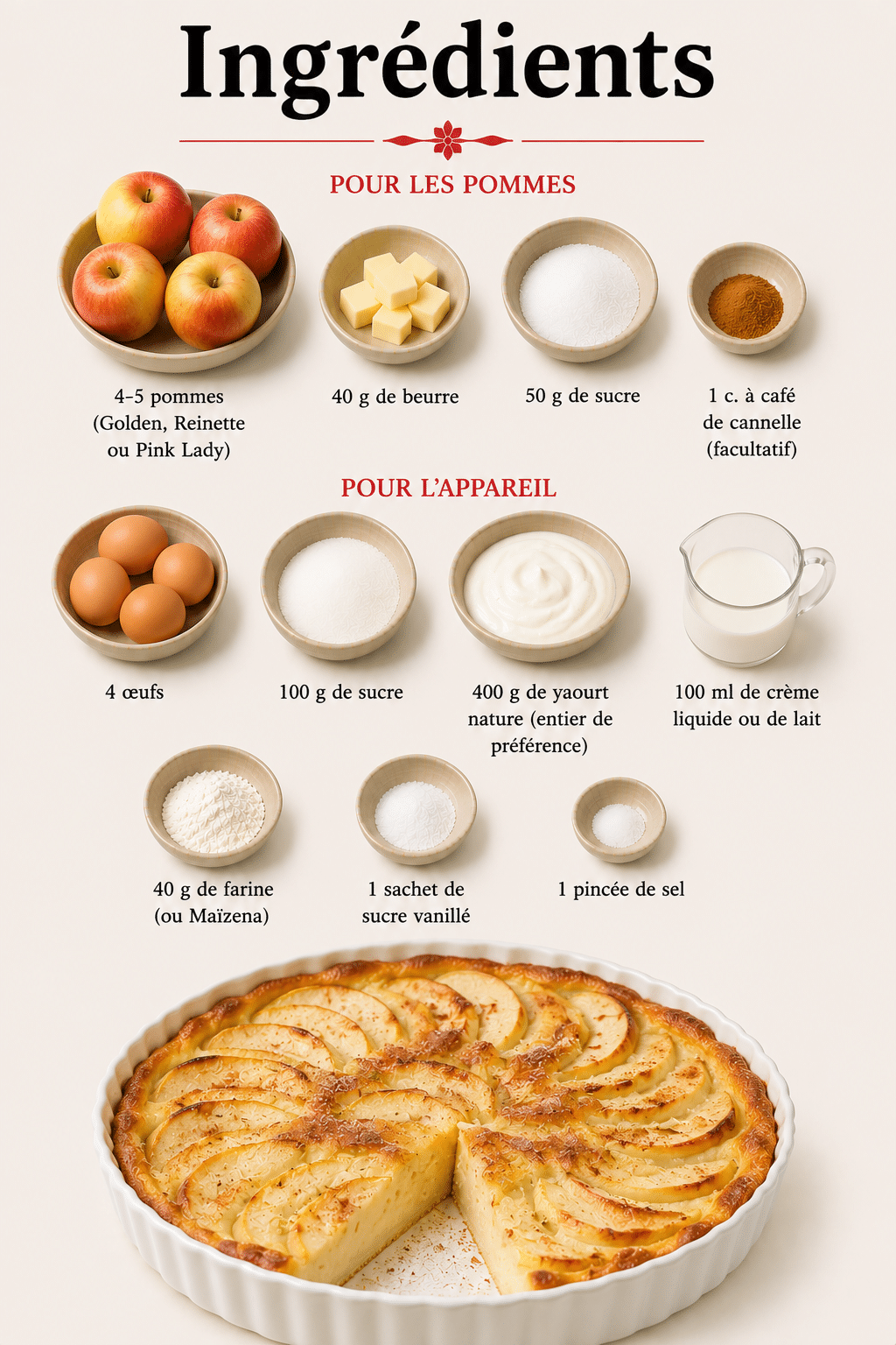 La Liste des Ingrédients : Flan aux Pommes et au Yaourt à Tomber par Terre : le dessert onctueux et irrésistible