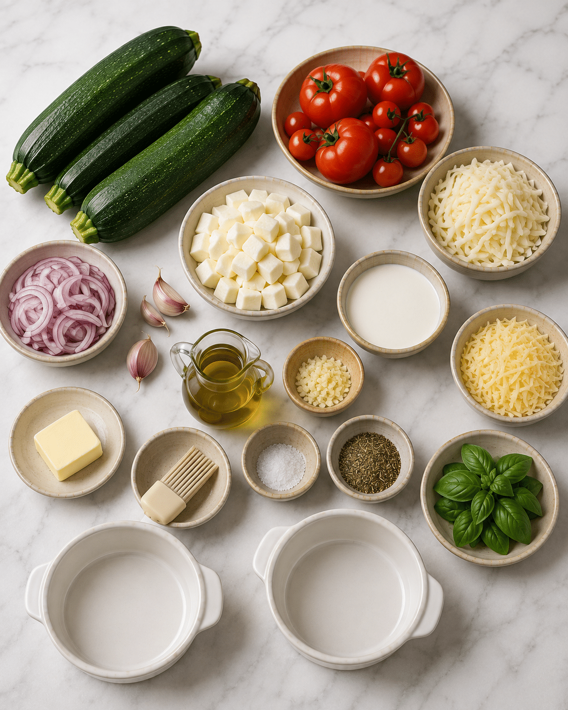 La Liste des Ingrédients : Mini Cocottes de Courgettes, Tomates et Mozzarella : les gratins individuels ultra-fondants et colorés de l’été