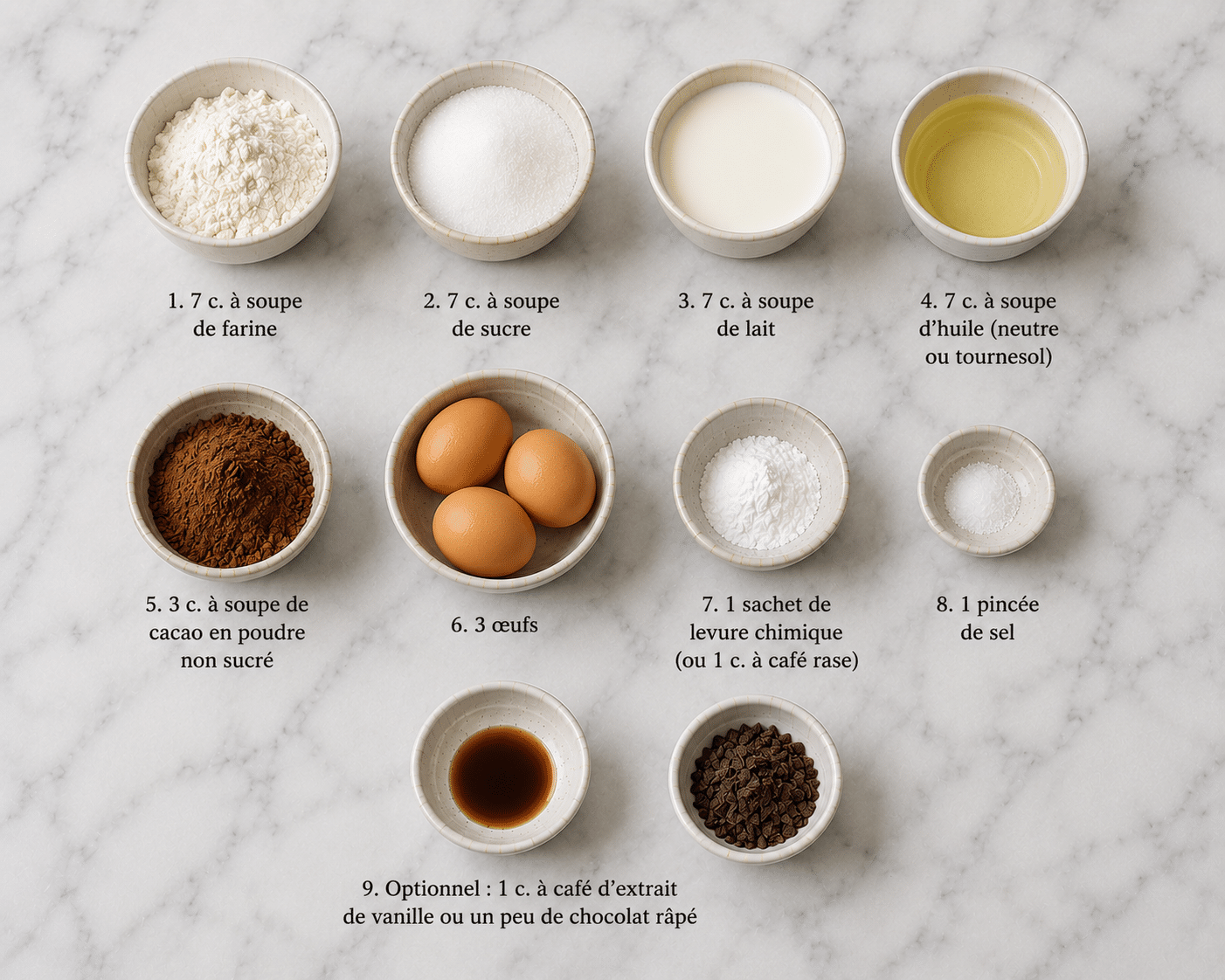 La Liste des Ingrédients :Cake au Chocolat des 7 Cuillères : le gâteau ultra-simple, moelleux et intense