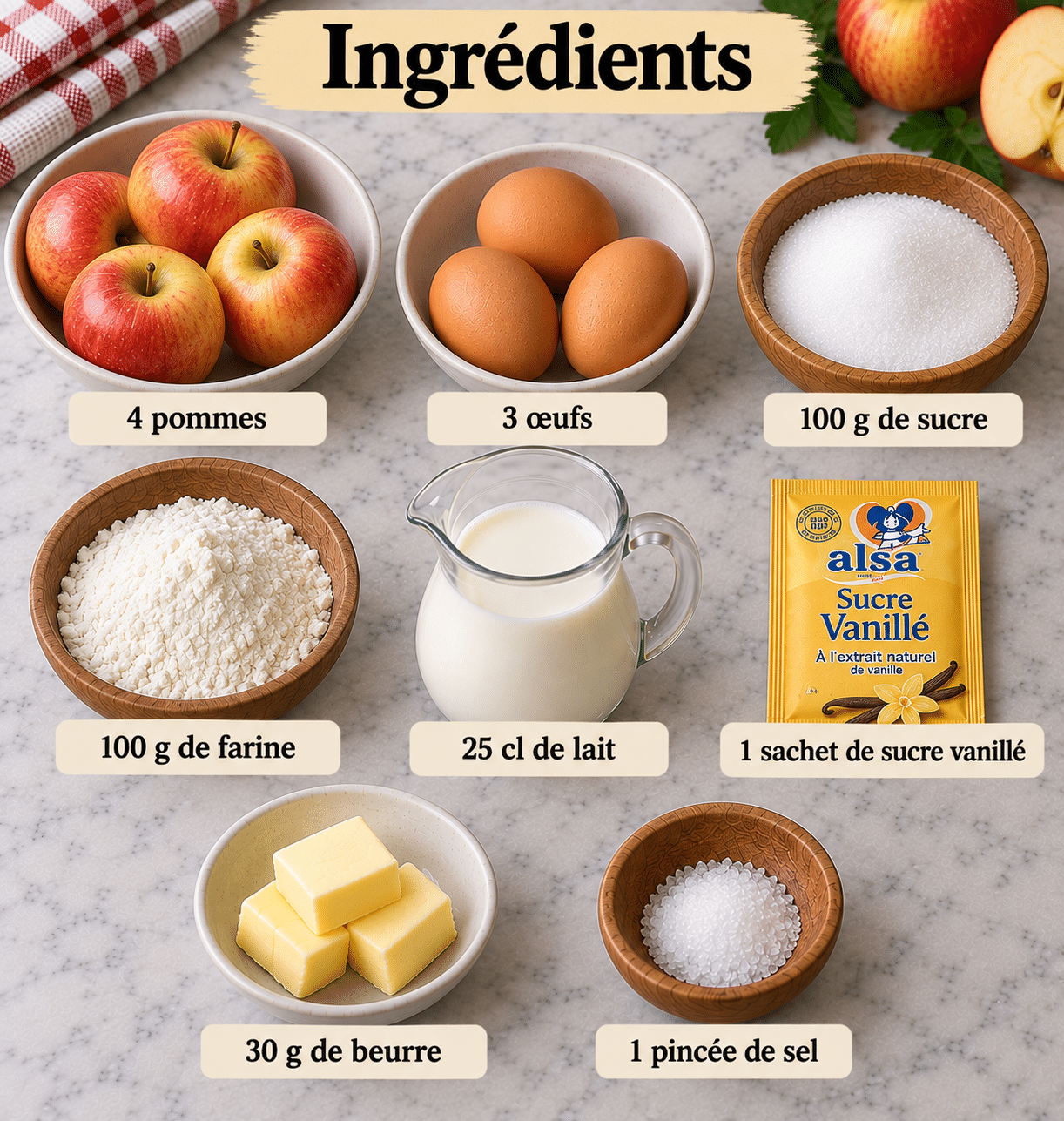 La Liste des Ingrédients : Recette Facile de Clafoutis aux Pommes Caramélisées : Fondant et Gourmand