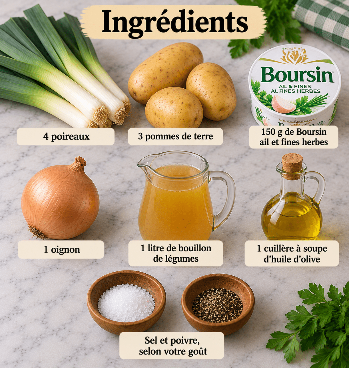 La Liste des Ingrédients : Soupe de Poireaux au Boursin Facile et Crémeuse