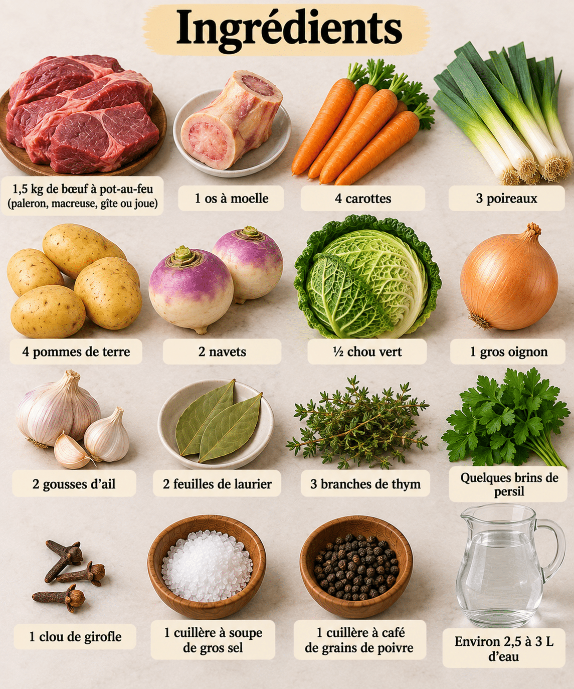 La Liste des Ingrédients : Pot-au-Feu de Bœuf Tendre et Moelleux : La Recette Familiale Réconfortante