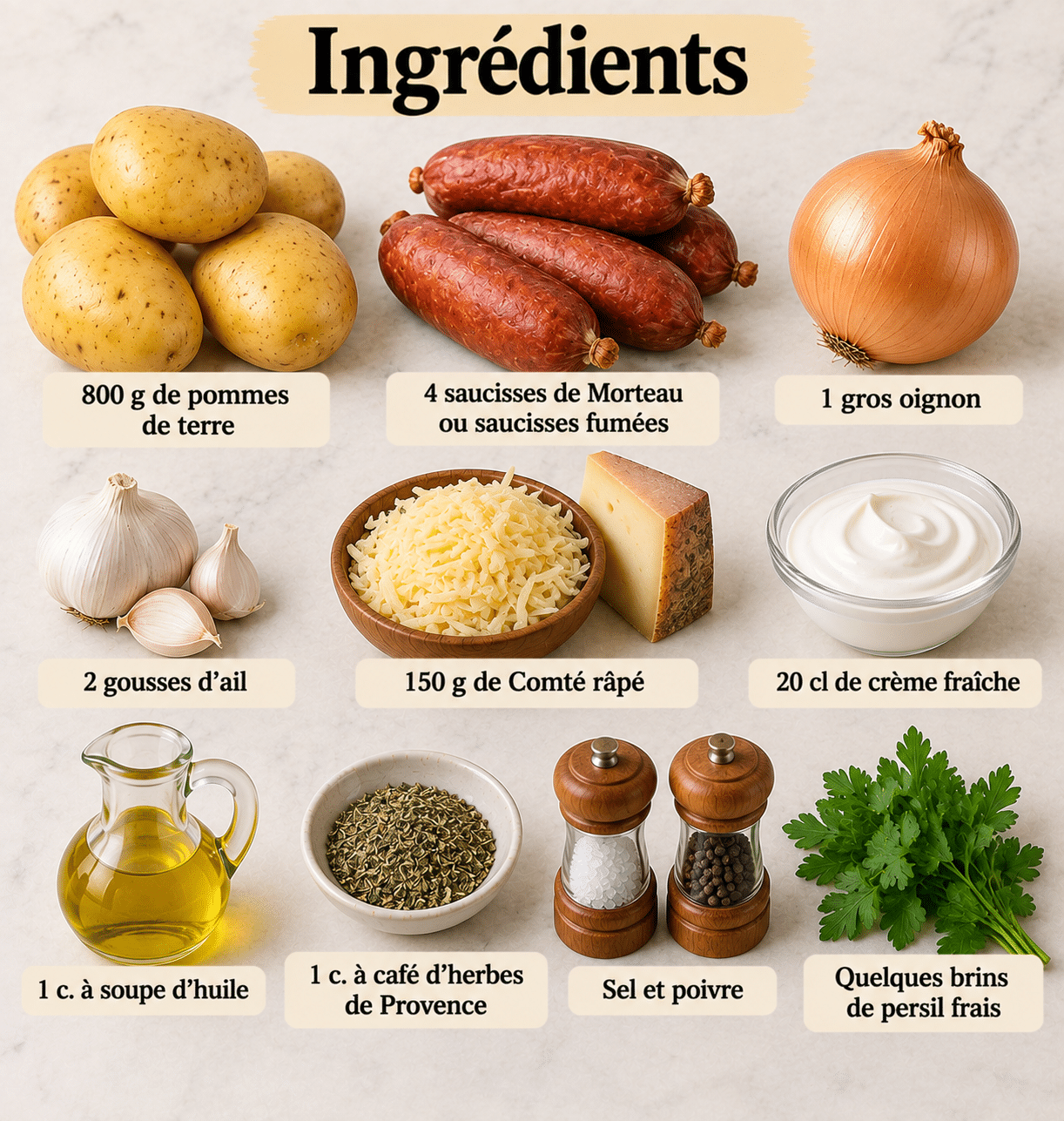 La Liste des Ingrédients : Poêlée Franc-Comtoise aux Pommes de Terre et Saucisses : Fondante, Crémeuse et Réconfortante