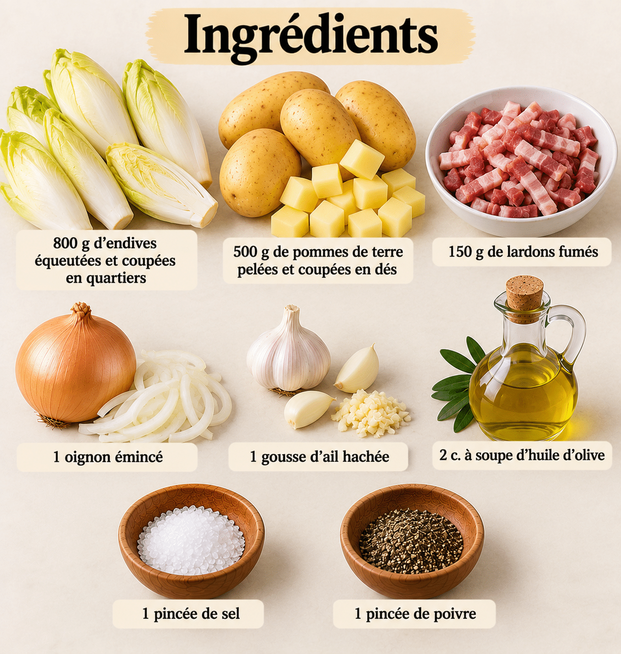 La Liste des Ingrédients : Poêlée paysanne aux endives – découvrez cette recette traditionnelle
