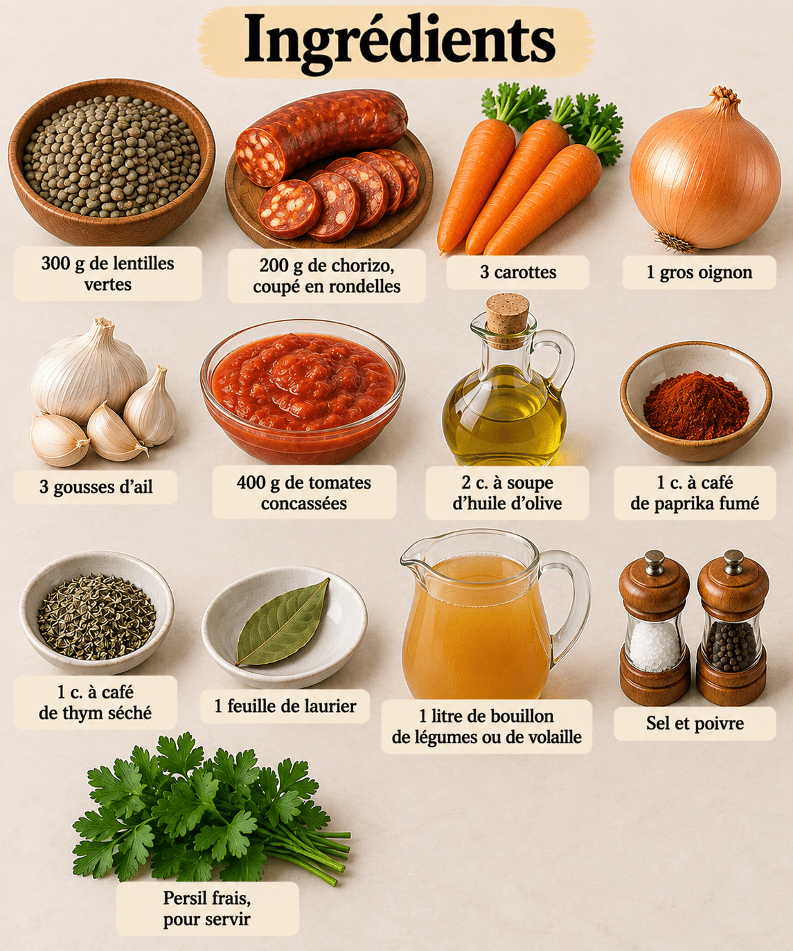 La Liste des Ingrédients : Lentilles à l’Espagnole au Chorizo : Un Plat Mijoté Généreux et Parfumé