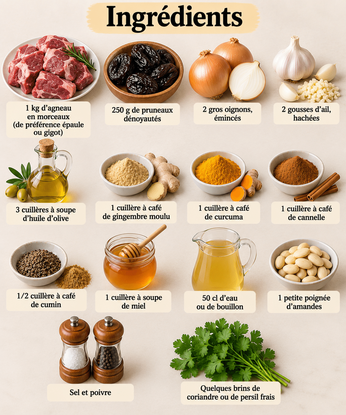 La Liste des Ingrédients : Tajine d’Agneau aux Pruneaux : une recette fondante, parfumée et généreuse