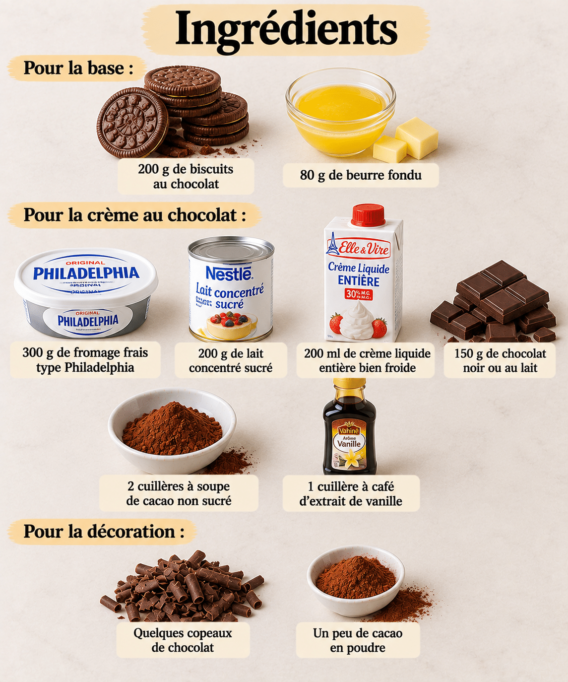 La Liste des Ingrédients : Cheesecake au Chocolat Sans Cuisson : une recette ultra crémeuse en 5 minutes