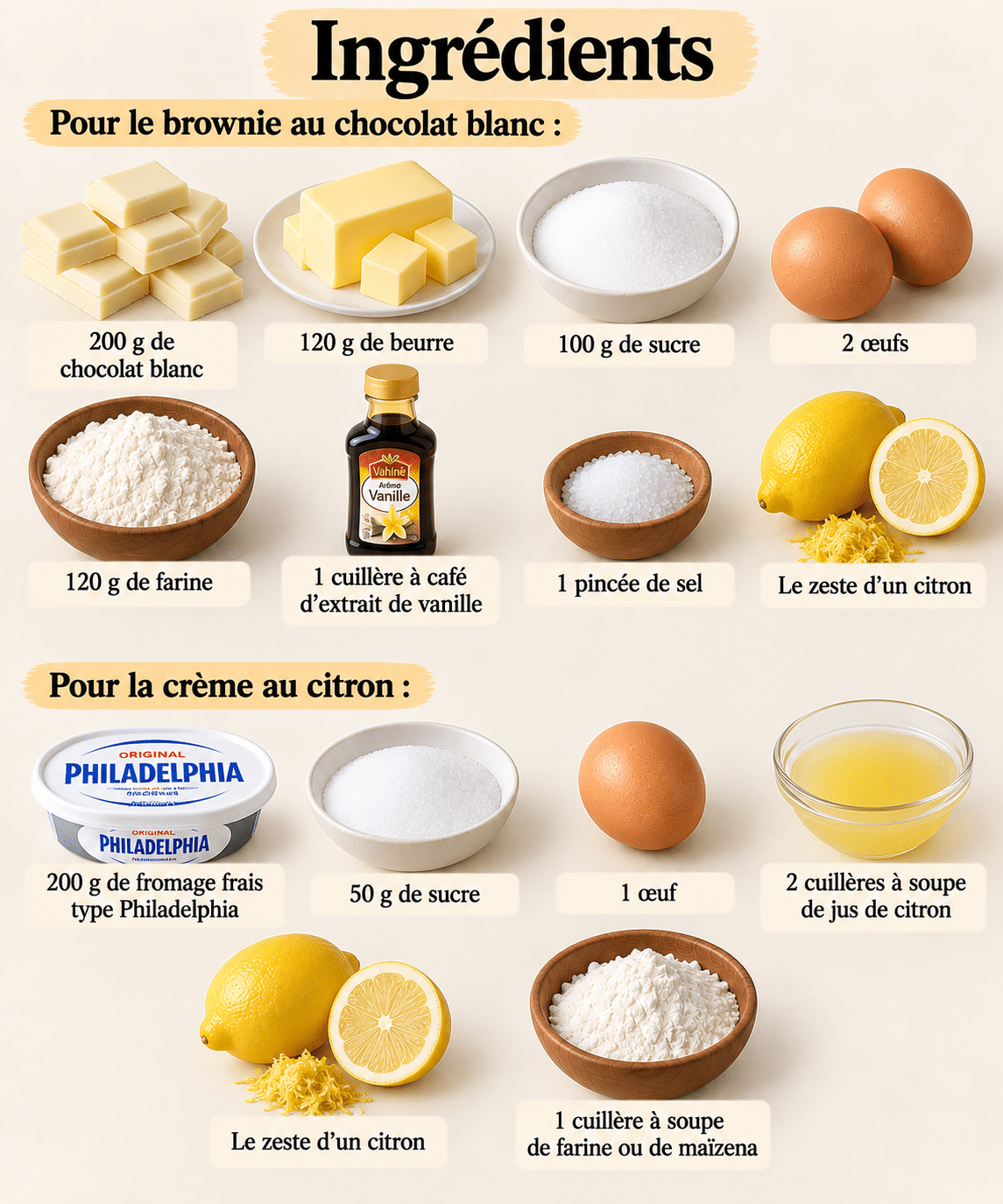La Liste des Ingrédients : Brownies Fondants au Chocolat Blanc, Citron et Fromage Crémeux