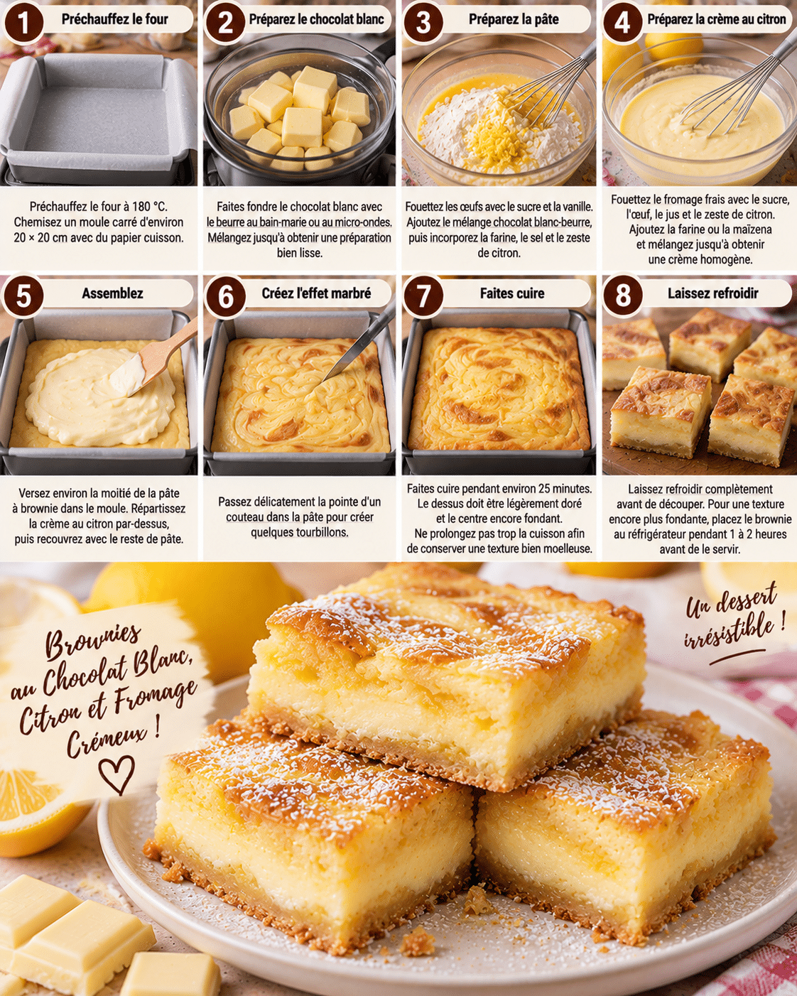 Guide de Préparation : Brownies Fondants au Chocolat Blanc, Citron et Fromage Crémeux Guide de Préparation : Brownies Fondants au Chocolat Blanc, Citron et Fromage Crémeux