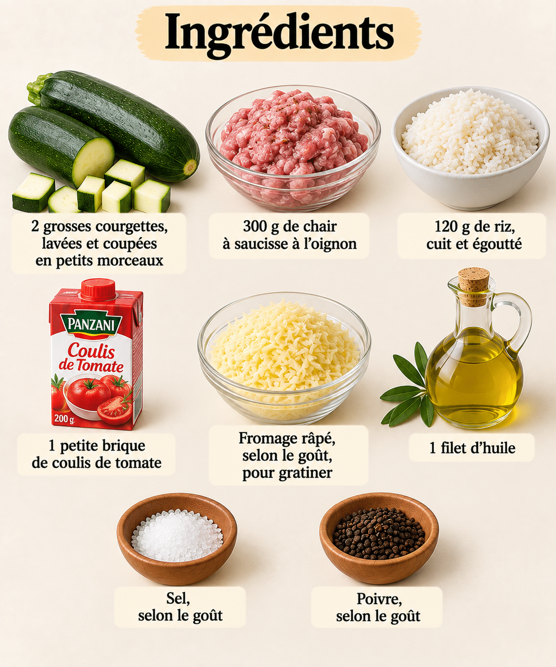 La Liste des Ingrédients : Gratin de Courgettes, Riz et Saucisses : une recette familiale facile et fondante