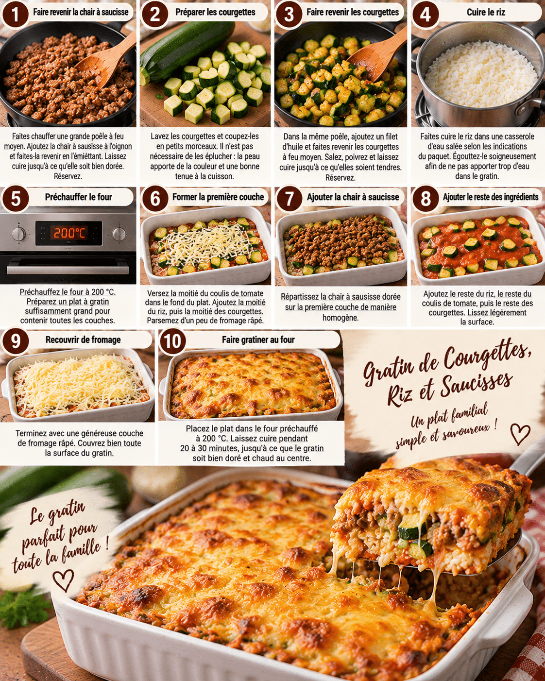 Guide de Préparation : Gratin de Courgettes, Riz et Saucisses : une recette familiale facile et fondante
