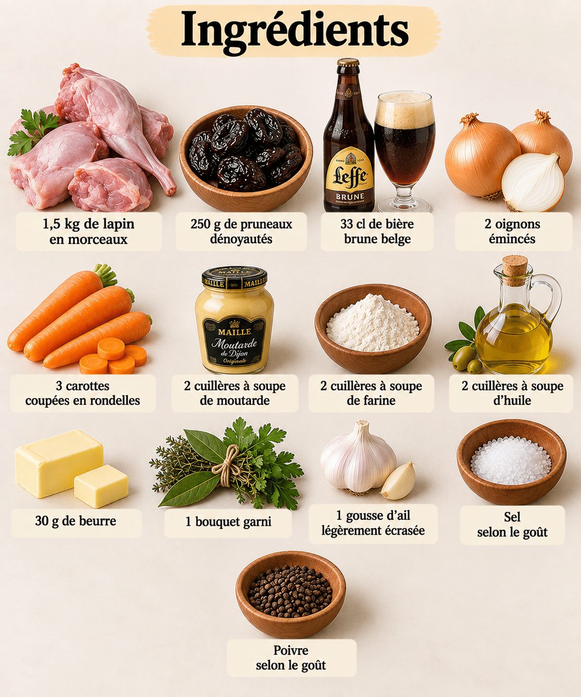 La Liste des Ingrédients : Lapin aux Pruneaux à la Bière Brune : une recette belge fondante et généreuse