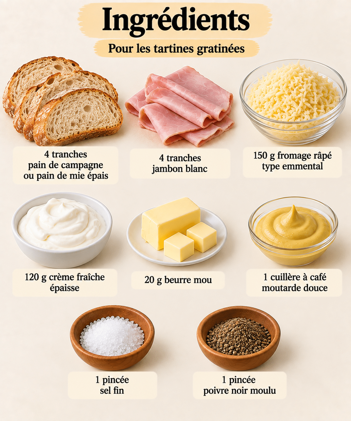 La Liste des Ingrédients : Tartines Gratinées au Jambon et Fromage à la Crème Fraîche : une recette facile et ultra gourmande