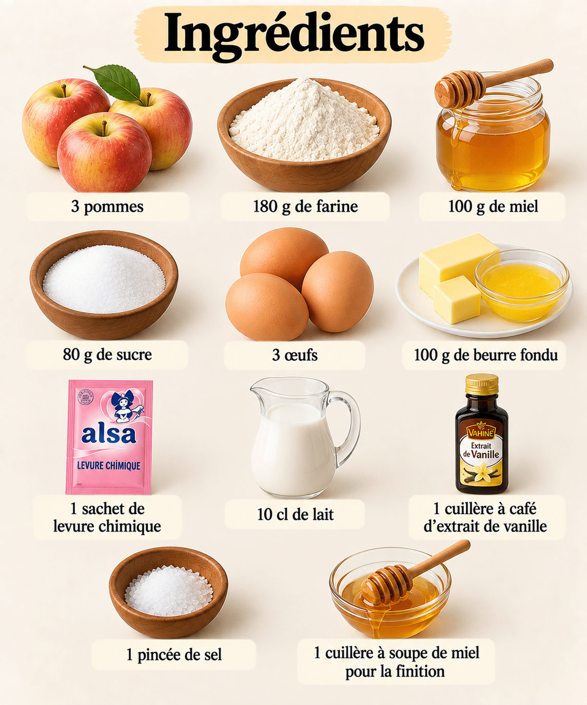 La Liste des Ingrédients : Cake aux Pommes et au Miel : un gâteau moelleux, fondant et délicatement parfumé