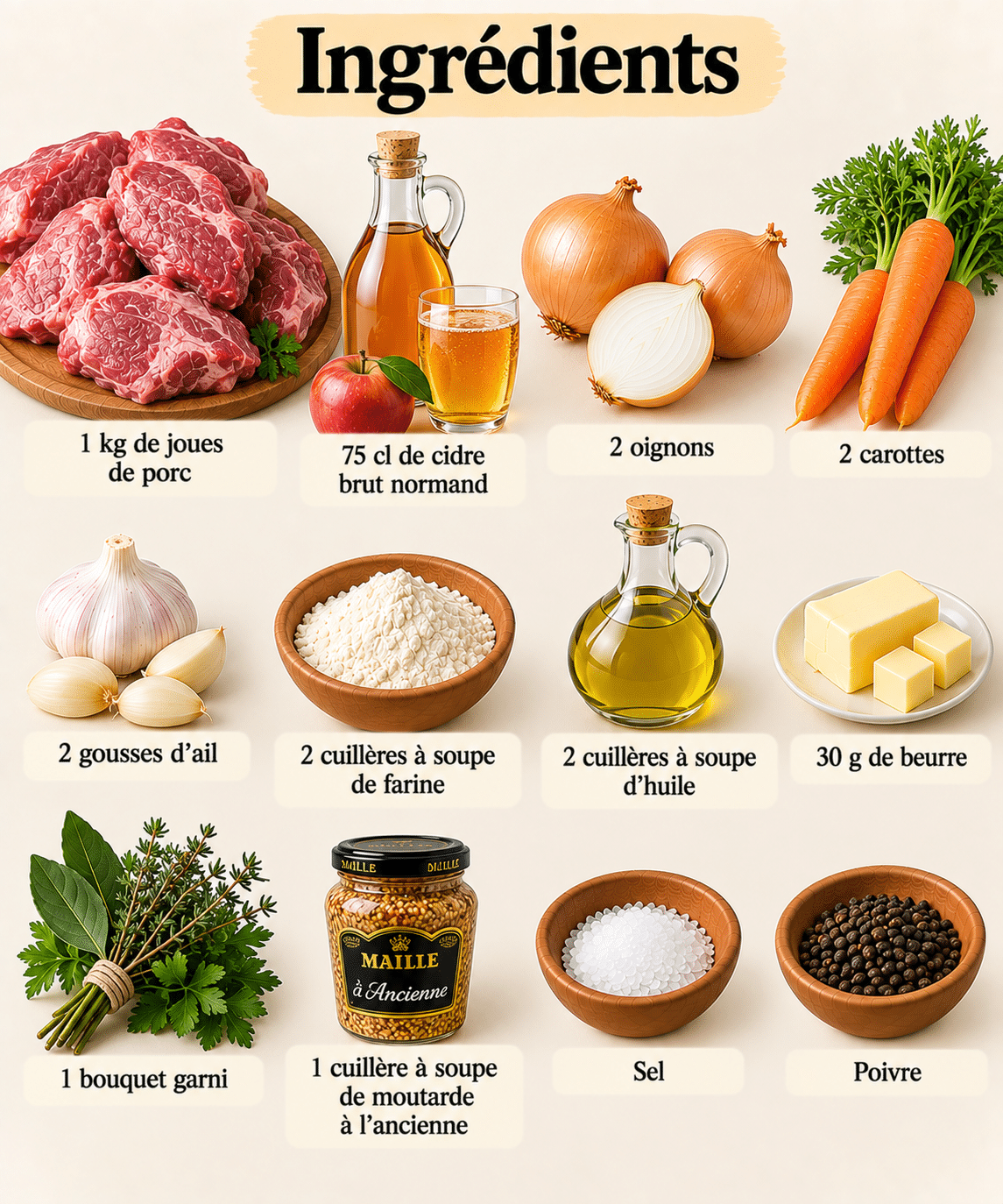 La Liste des Ingrédients : Joues de Porc Fondantes au Cidre Normand : une recette mijotée et réconfortante