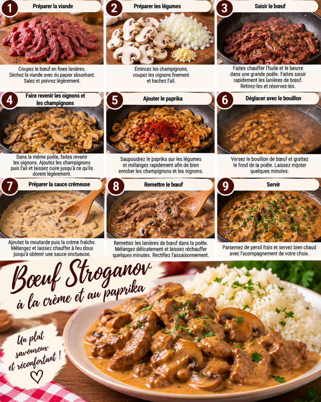 Guide de Préparation : Bœuf Stroganov à la Crème et au Paprika : une recette crémeuse et réconfortante