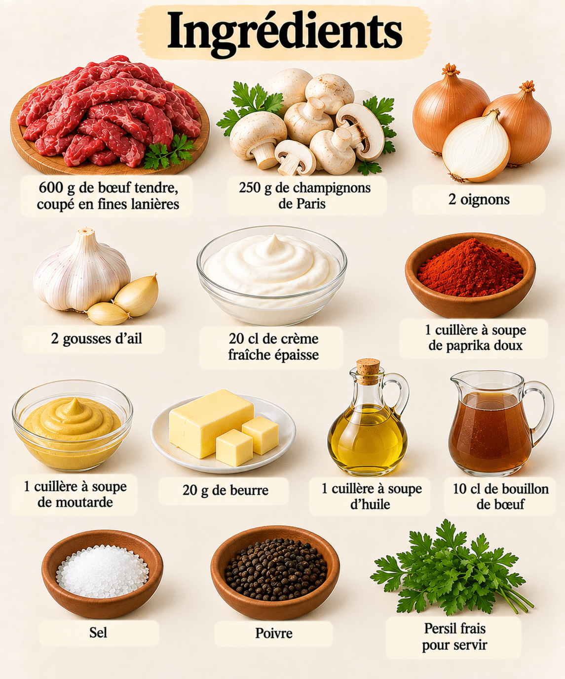La Liste des Ingrédients : Bœuf Stroganov à la Crème et au Paprika : une recette crémeuse et réconfortante
