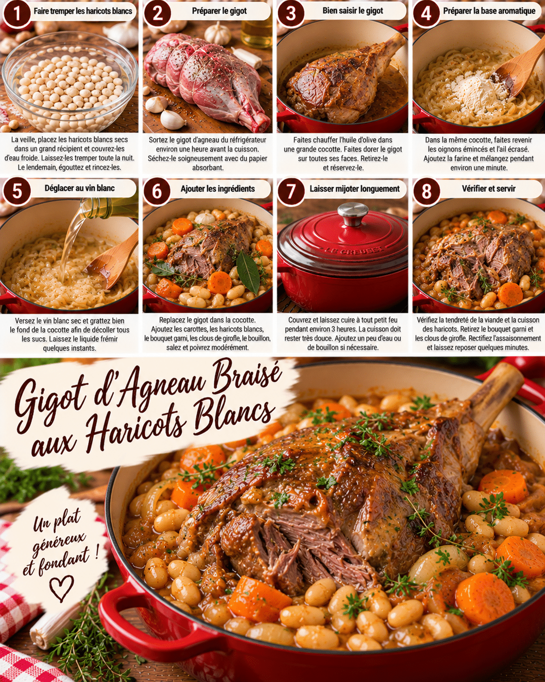 Guide de Préparation : Gigot braisé fondant aux haricots blancs : une recette mijotée généreuse et réconfortante