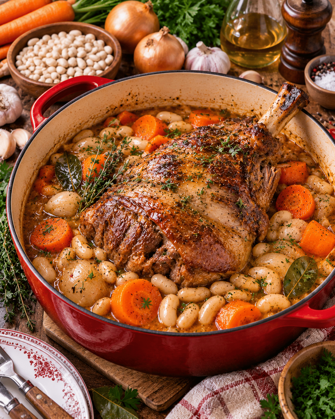 Gigot braisé fondant aux haricots blancs : une recette mijotée généreuse et réconfortante