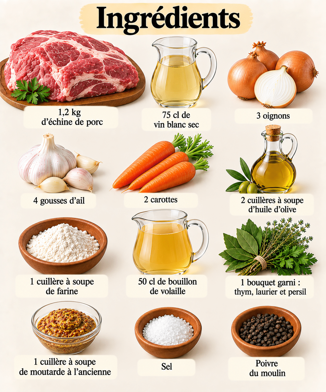 La Liste des Ingrédients : Échine de porc braisée au vin blanc : une viande fondante et généreuse