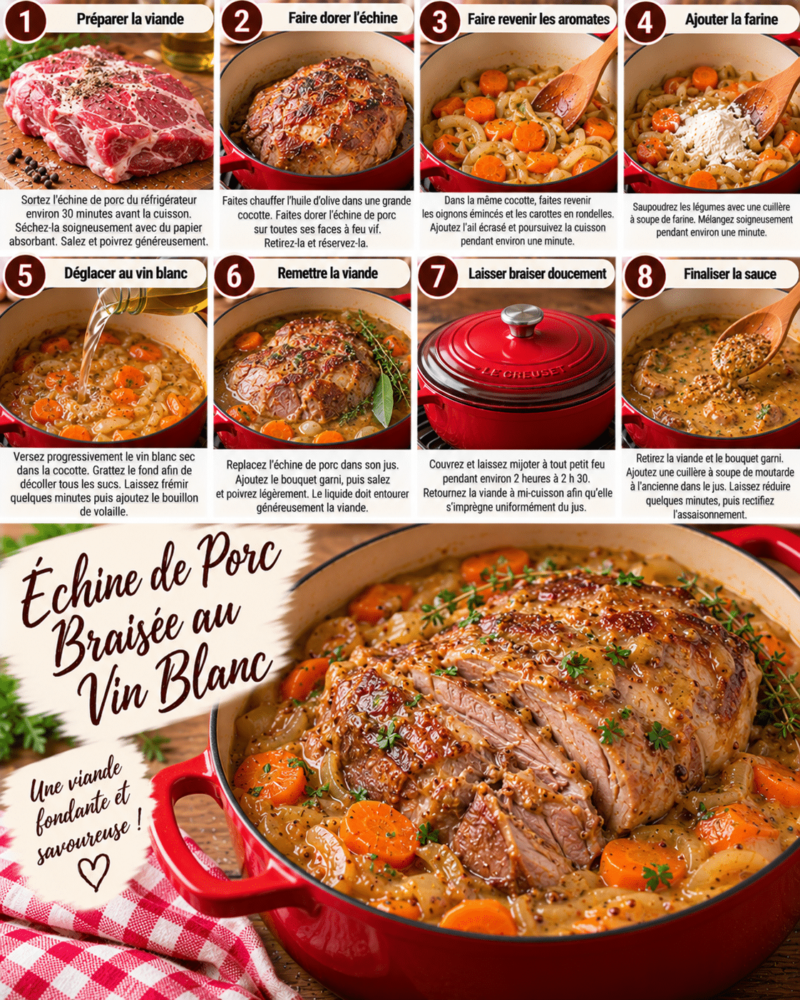 Guide de Préparation : Échine de porc braisée au vin blanc : une viande fondante et généreuse Guide de Préparation : Échine de porc braisée au vin blanc : une viande fondante et généreuse