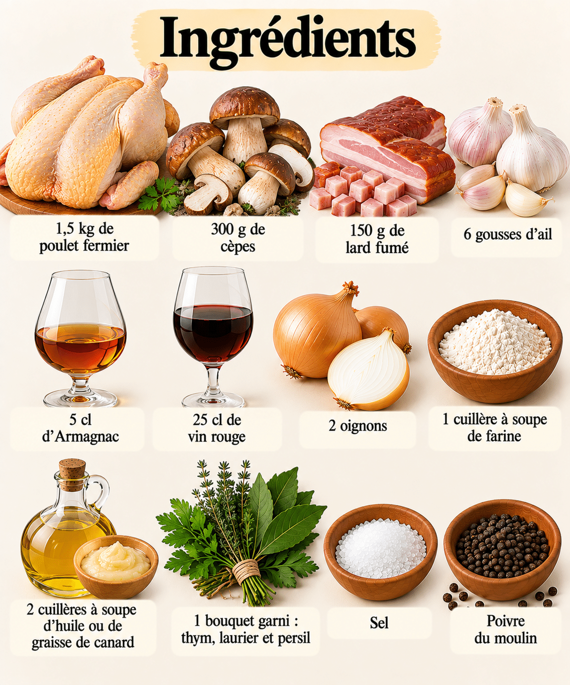 La Liste des Ingrédients : Fricassée périgourdine au poulet fermier et cèpes : une recette généreuse aux saveurs du Périgord