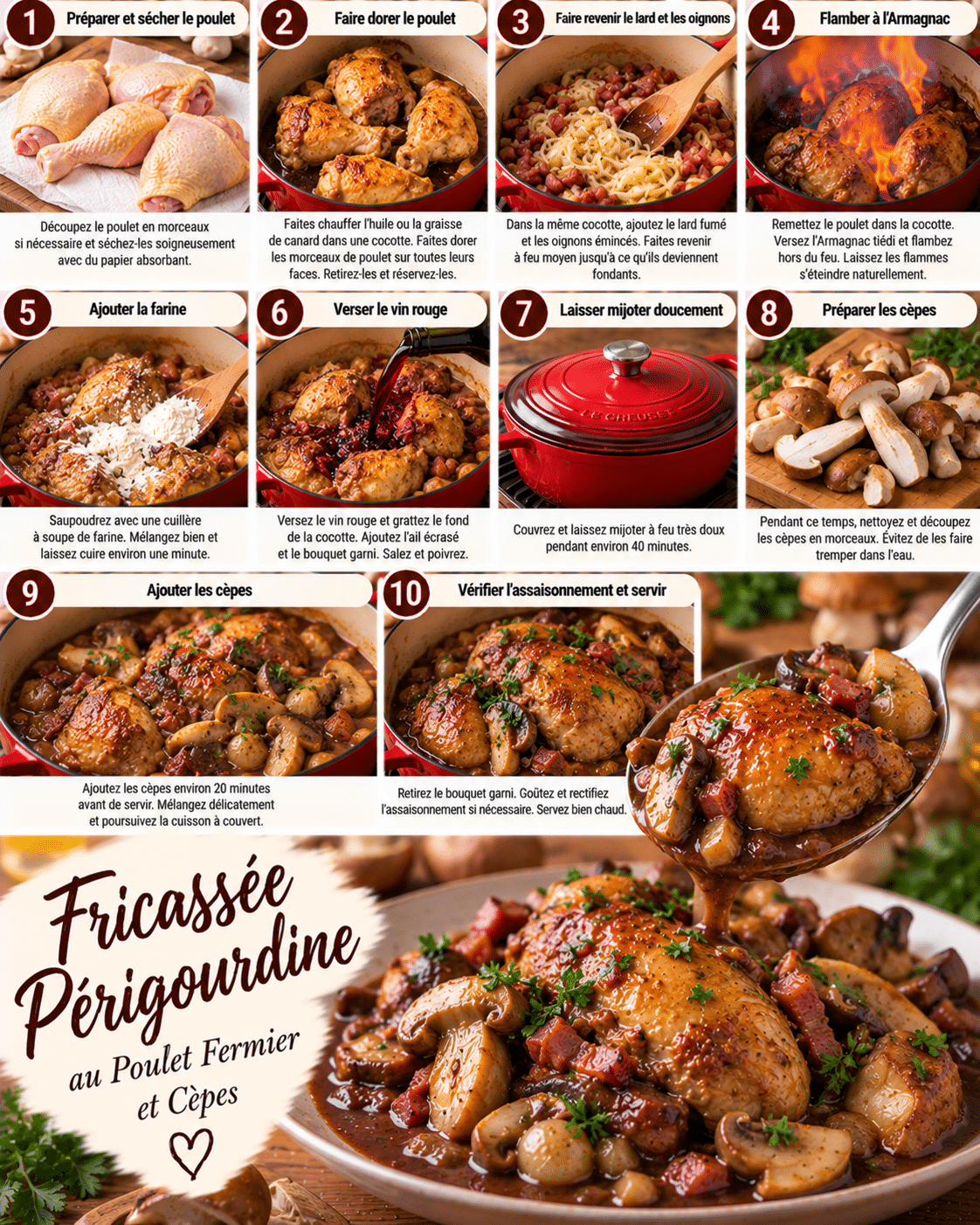 Guide de Préparation : Fricassée périgourdine au poulet fermier et cèpes : une recette généreuse aux saveurs du Périgord Guide de Préparation : Fricassée périgourdine au poulet fermier et cèpes : une recette généreuse aux saveurs du Périgord
