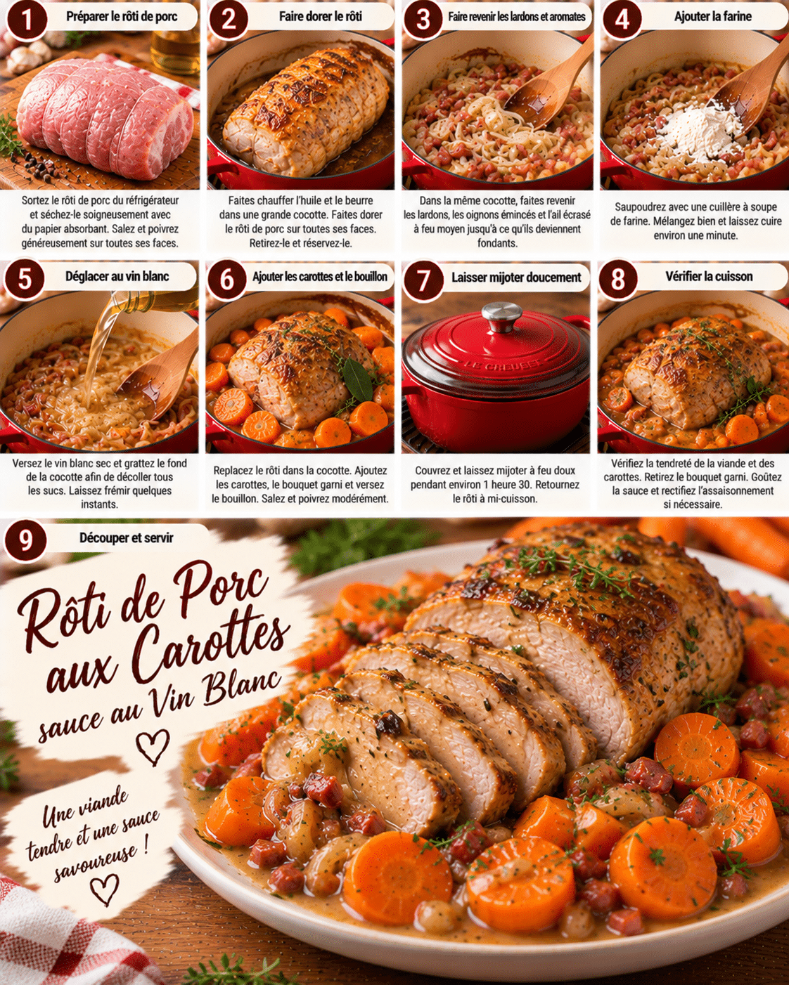 Guide de Préparation : Rôti de porc fondant aux carottes mijotées : une recette familiale en cocotte Guide de Préparation : Rôti de porc fondant aux carottes mijotées : une recette familiale en cocotte