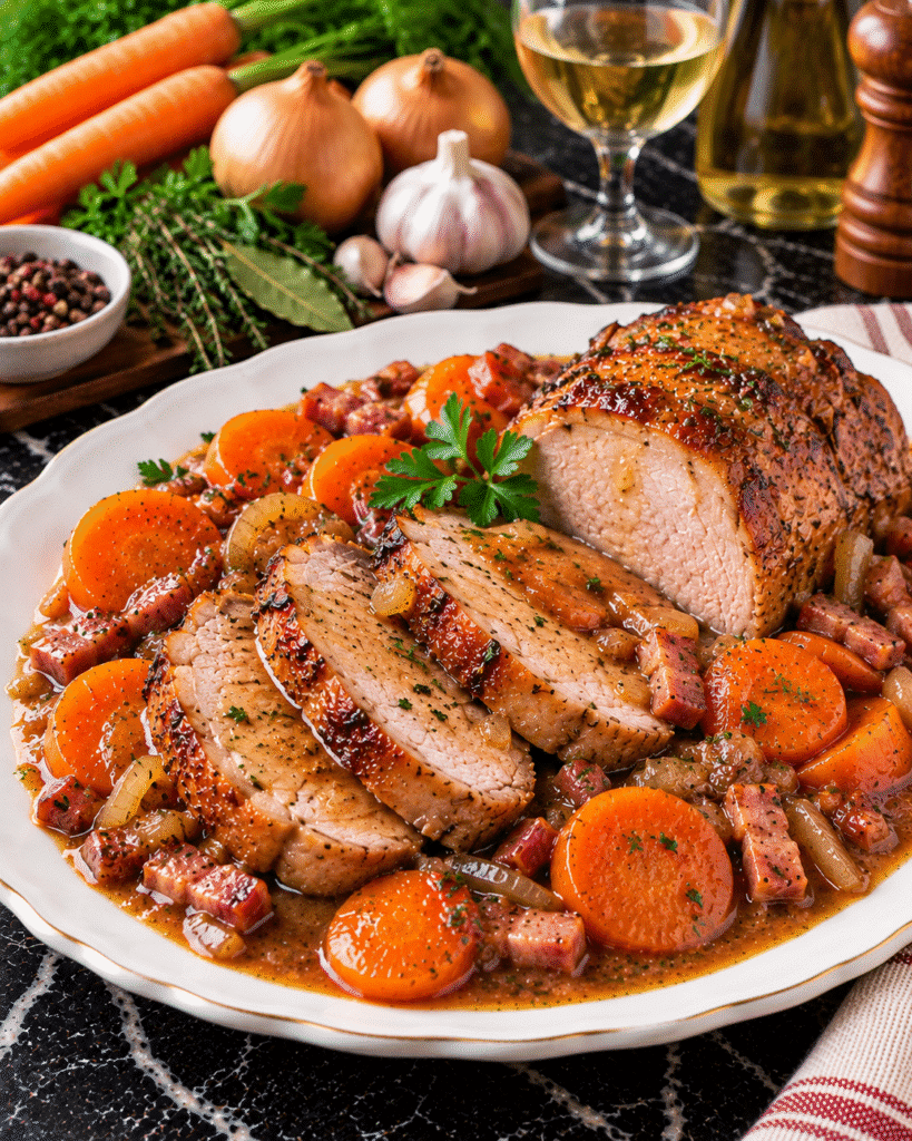 Rôti de porc fondant aux carottes mijotées