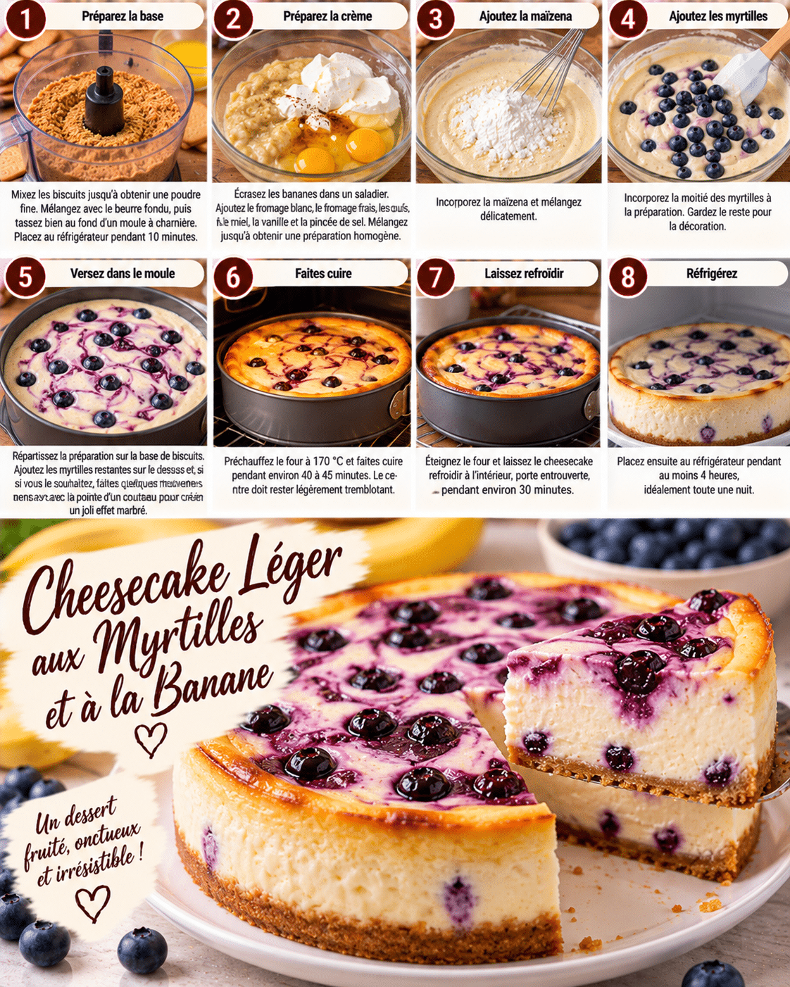Guide de Préparation : Cheesecake Léger aux Myrtilles et à la Banane : un dessert fruité, fondant et facile Guide de Préparation : Cheesecake Léger aux Myrtilles et à la Banane : un dessert fruité, fondant et facile