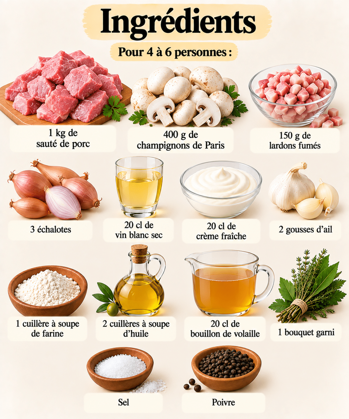 La Liste des Ingrédients : Sauté de porc forestier aux champignons : une recette crémeuse et réconfortante