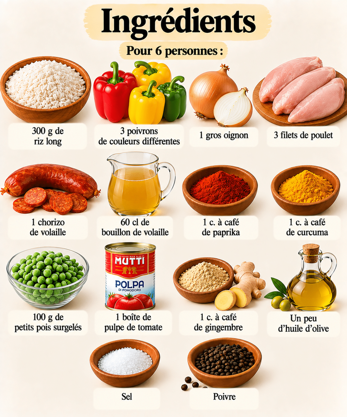 La Liste des Ingrédients : Riz à l’Espagnole au Poulet et aux Poivrons – Coloré, Généreux & Savoureux !