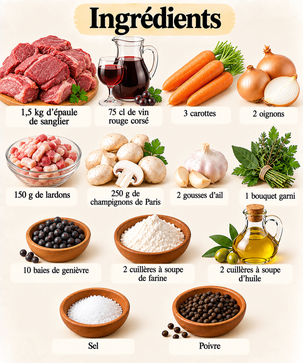La Liste des Ingrédients : Civet de sanglier au vin rouge corsé : une recette généreuse et fondante