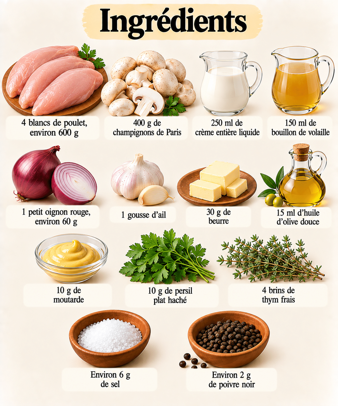 La Liste des Ingrédients : Roulés de poulet aux champignons en sauce crémeuse : fondants et gourmands
