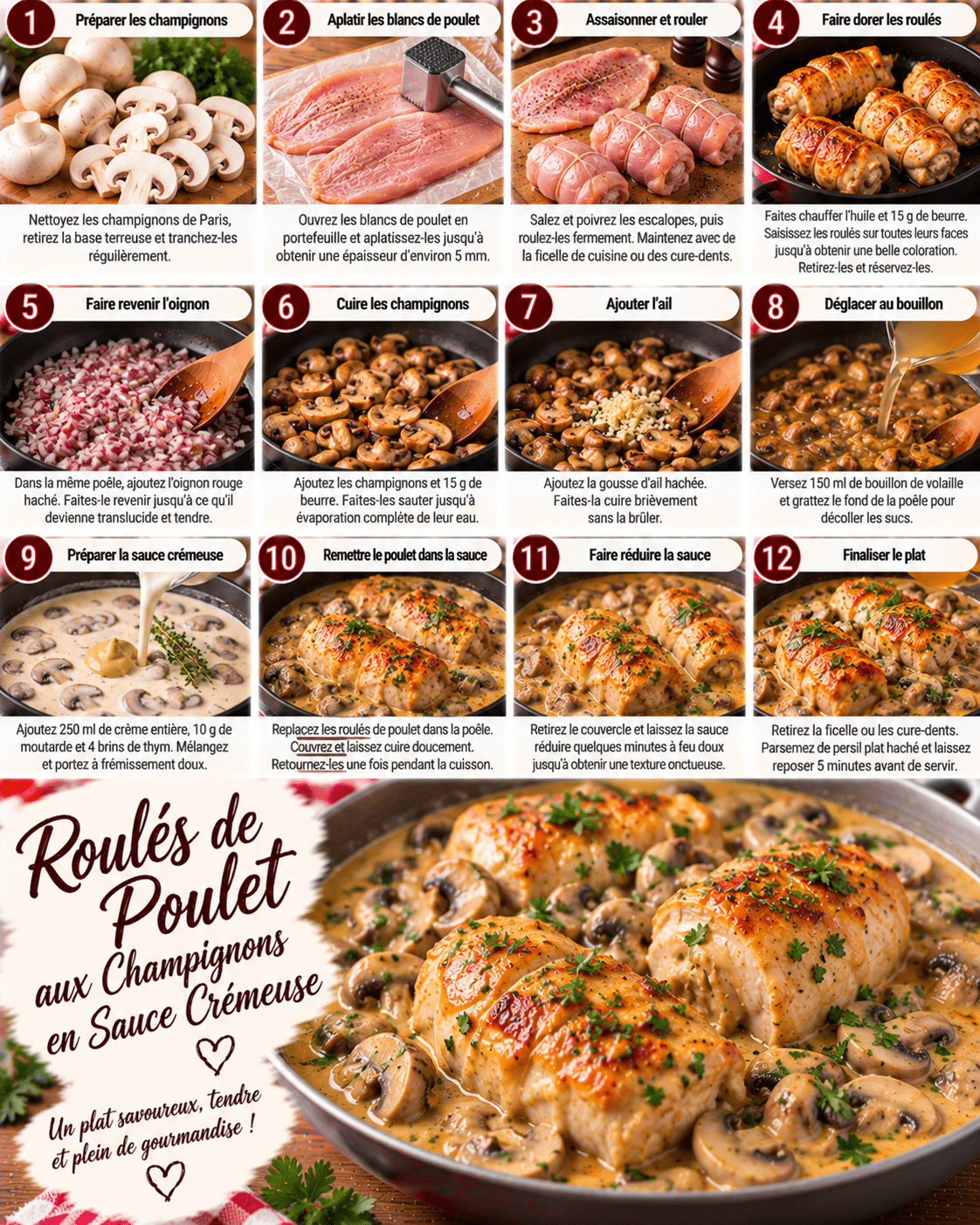 Guide de Préparation : Roulés de poulet aux champignons en sauce crémeuse Guide de Préparation : Roulés de poulet aux champignons en sauce crémeuse