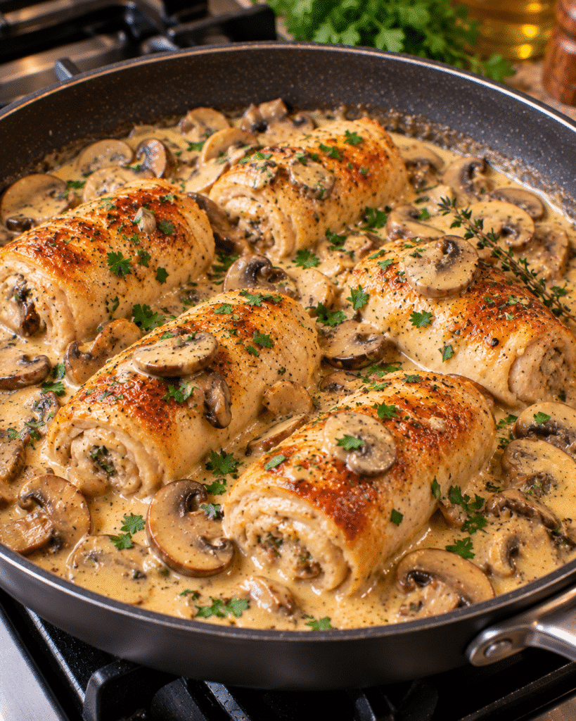 Roulés de poulet aux champignons en sauce crémeuse