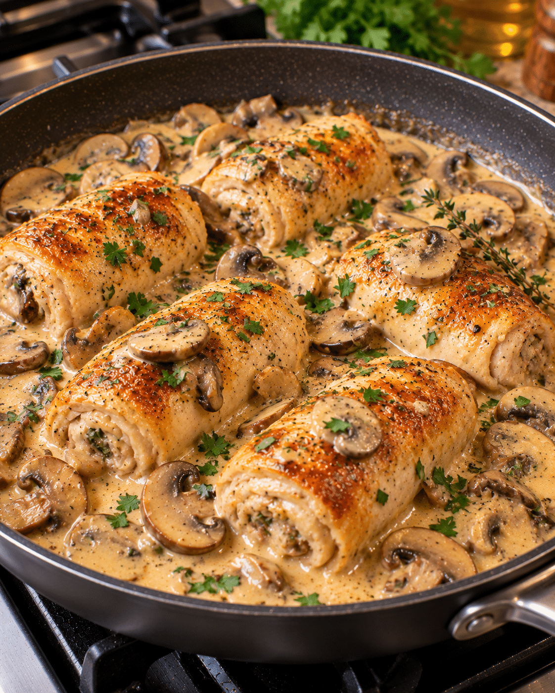 Roulés de poulet aux champignons en sauce crémeuse