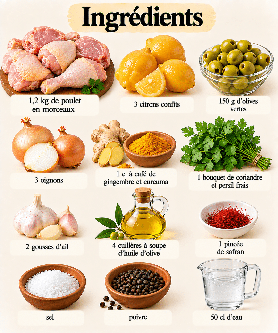 La Liste des Ingrédients : Tajine de poulet aux citrons confits : un plat marocain parfumé et fondant