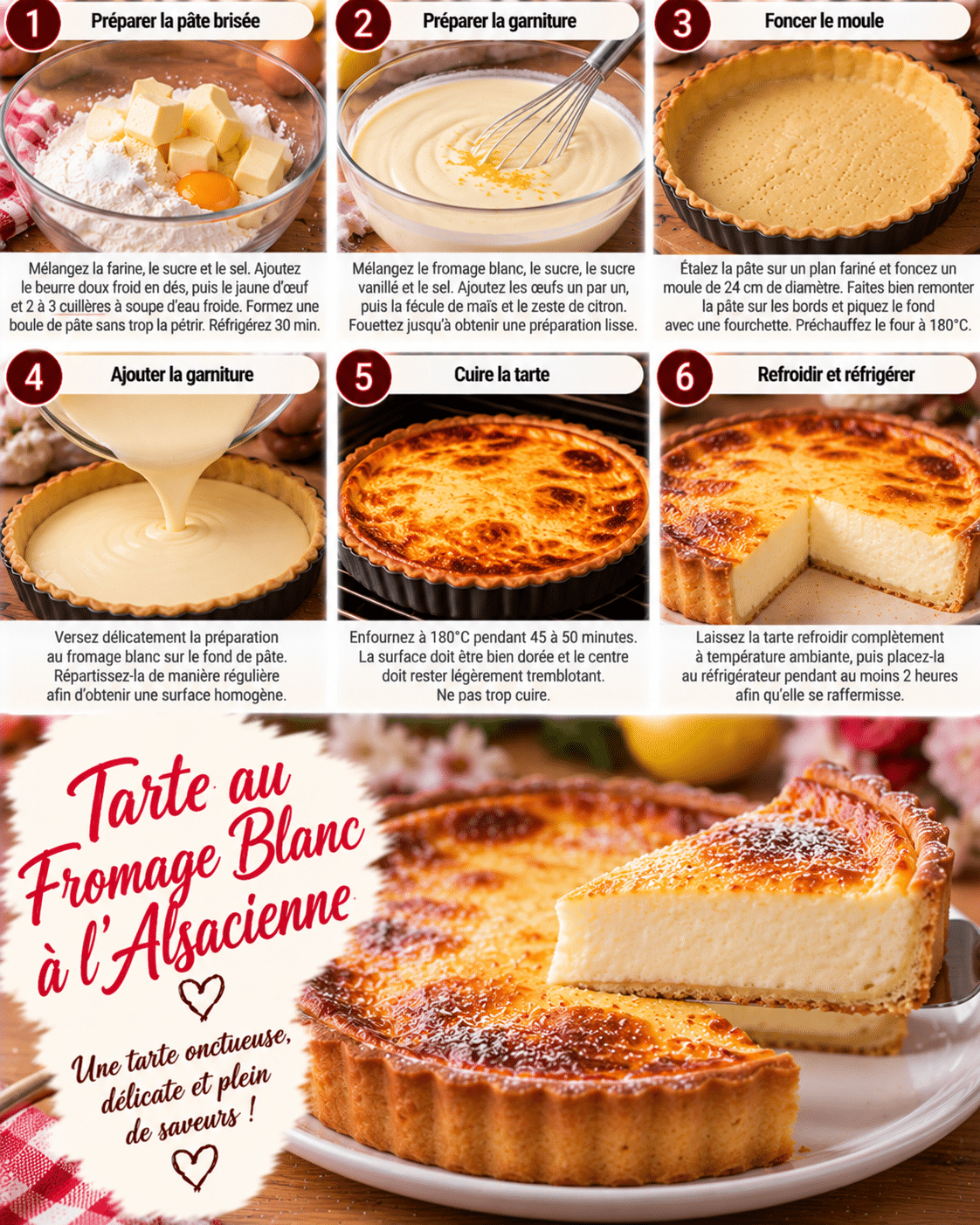 Guide de Préparation : Tarte au fromage blanc à l’alsacienne : crémeuse Guide de Préparation : Tarte au fromage blanc à l’alsacienne : crémeuse