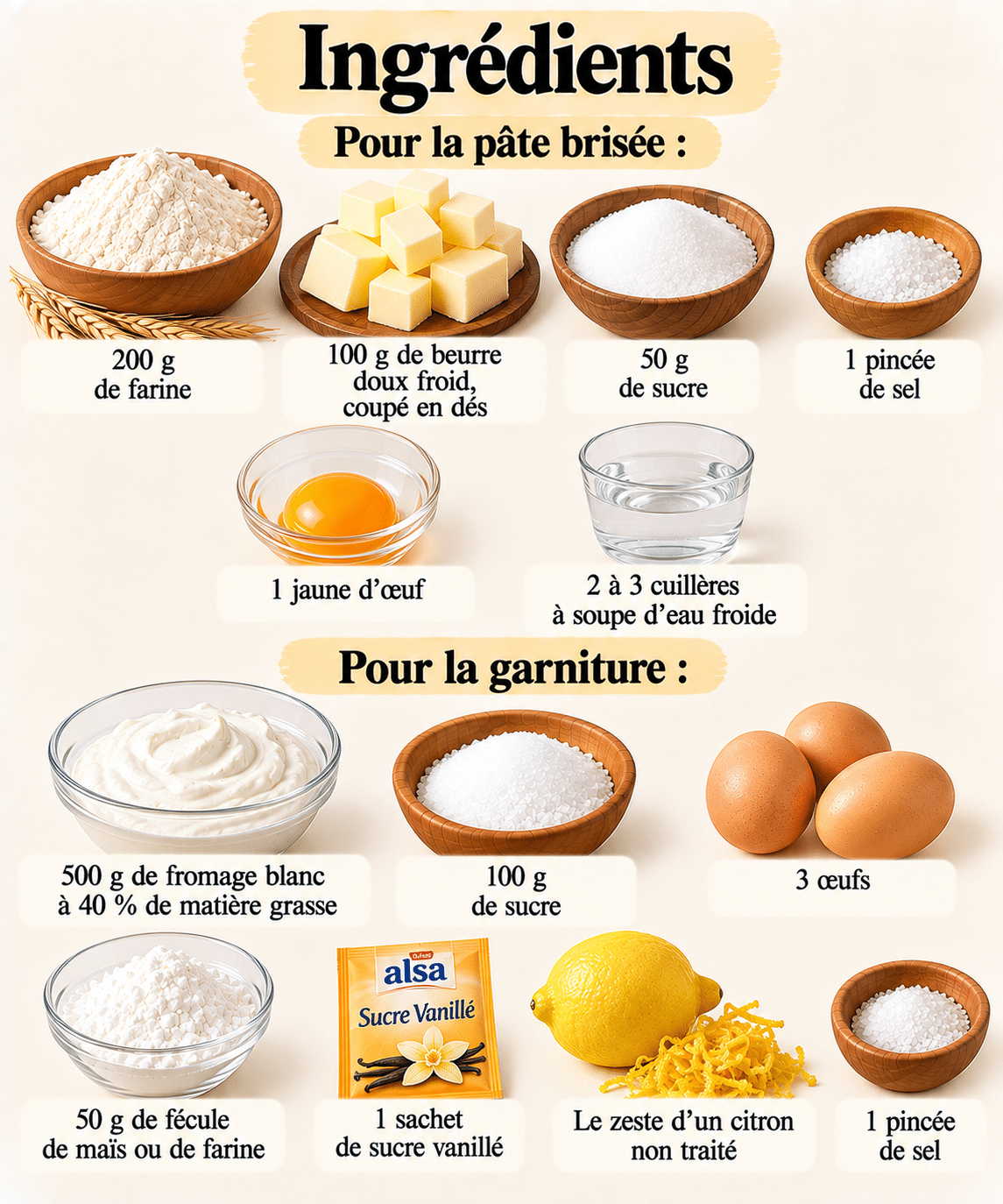 La Liste des Ingrédients : Tarte au fromage blanc à l’alsacienne : crémeuse, légère et fondante